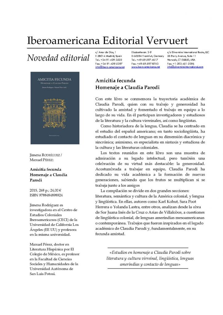 Novedad Editorial Amicitia Fecunda Homenaje A Claudia Parodi Spanish Portuguese Department Ucla